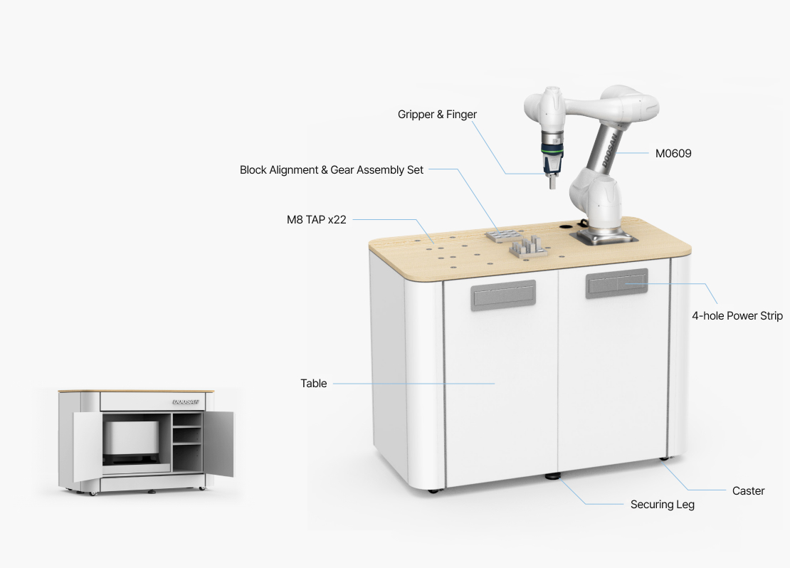 Doosan Robotics training kit components and worktable